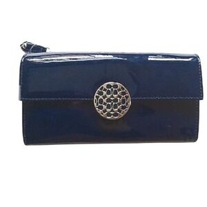 Coach Alexandra Navy Blue Patent Leather Wallet Gold Medallion Flap Snap Closure